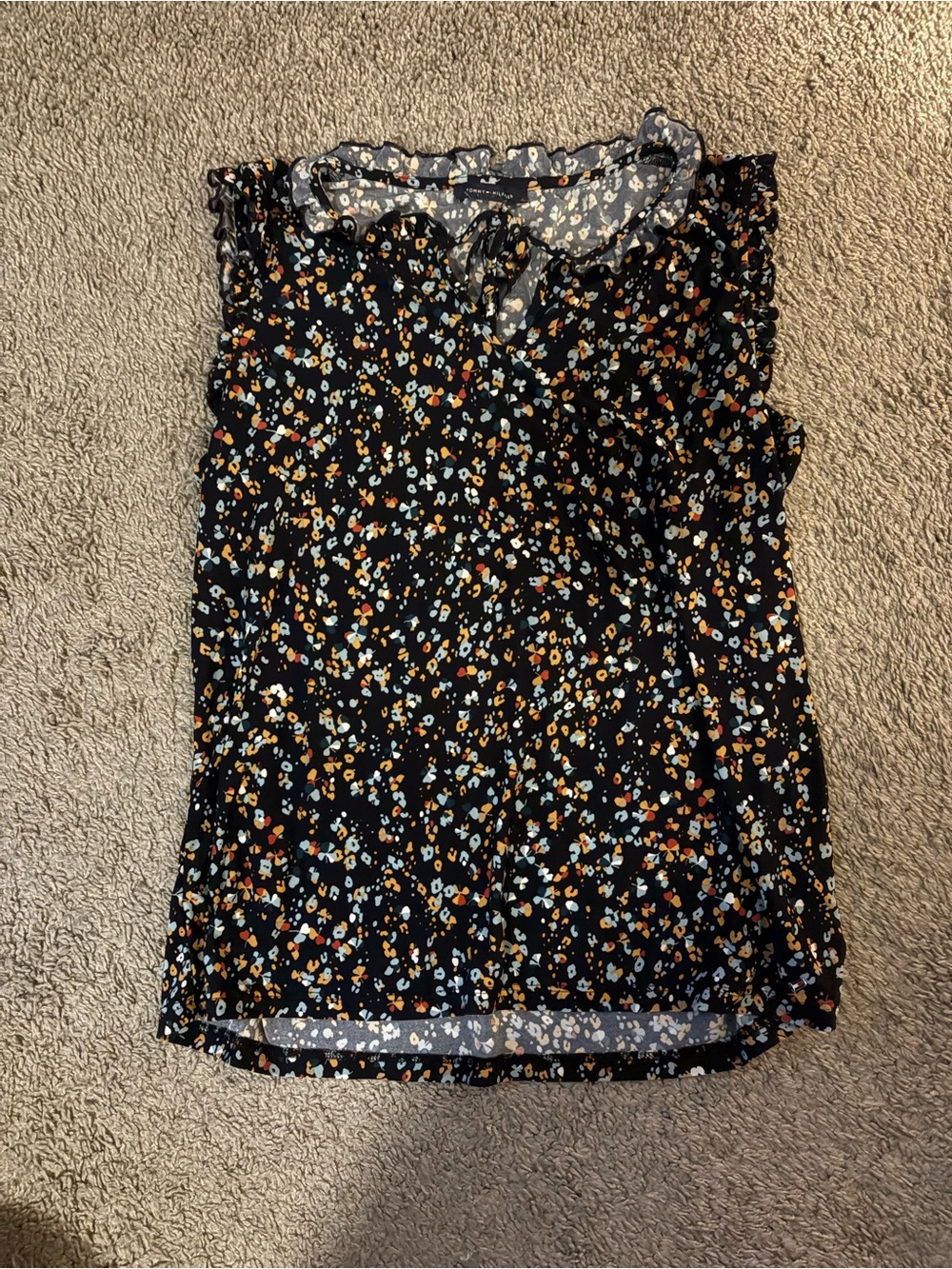 Tommy Hilfiger Navy Floral Ruffle Tie-Neck Blouse